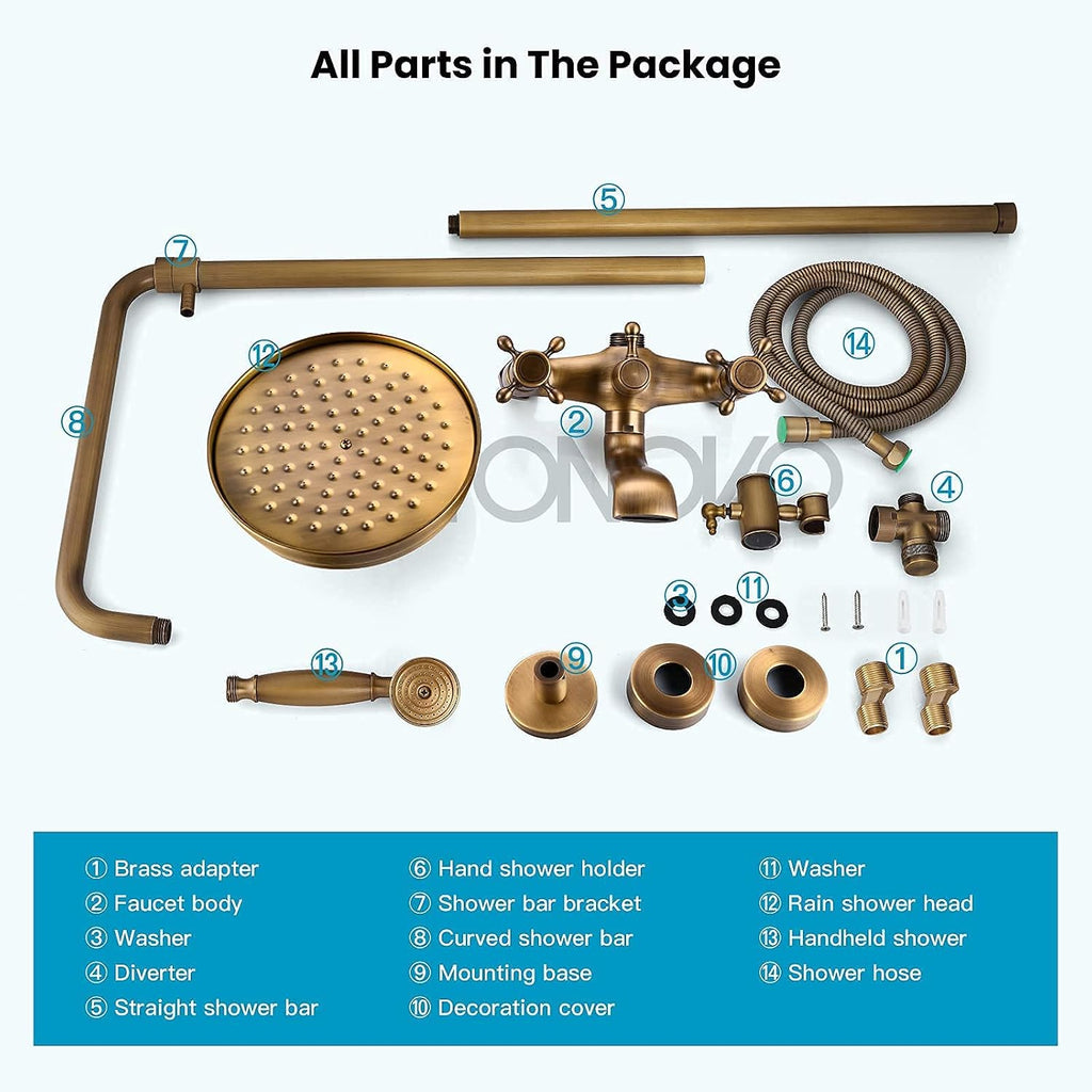 gotonovo Antique Brass Shower Fixture 8' Rainfall Shower Head Handheld Spray Dual Knobs 3 Function Antique Brass 8' Widespread Bathroom Faucet 3 Hole 2 Cross Handle Pop Up Drain with Overflow