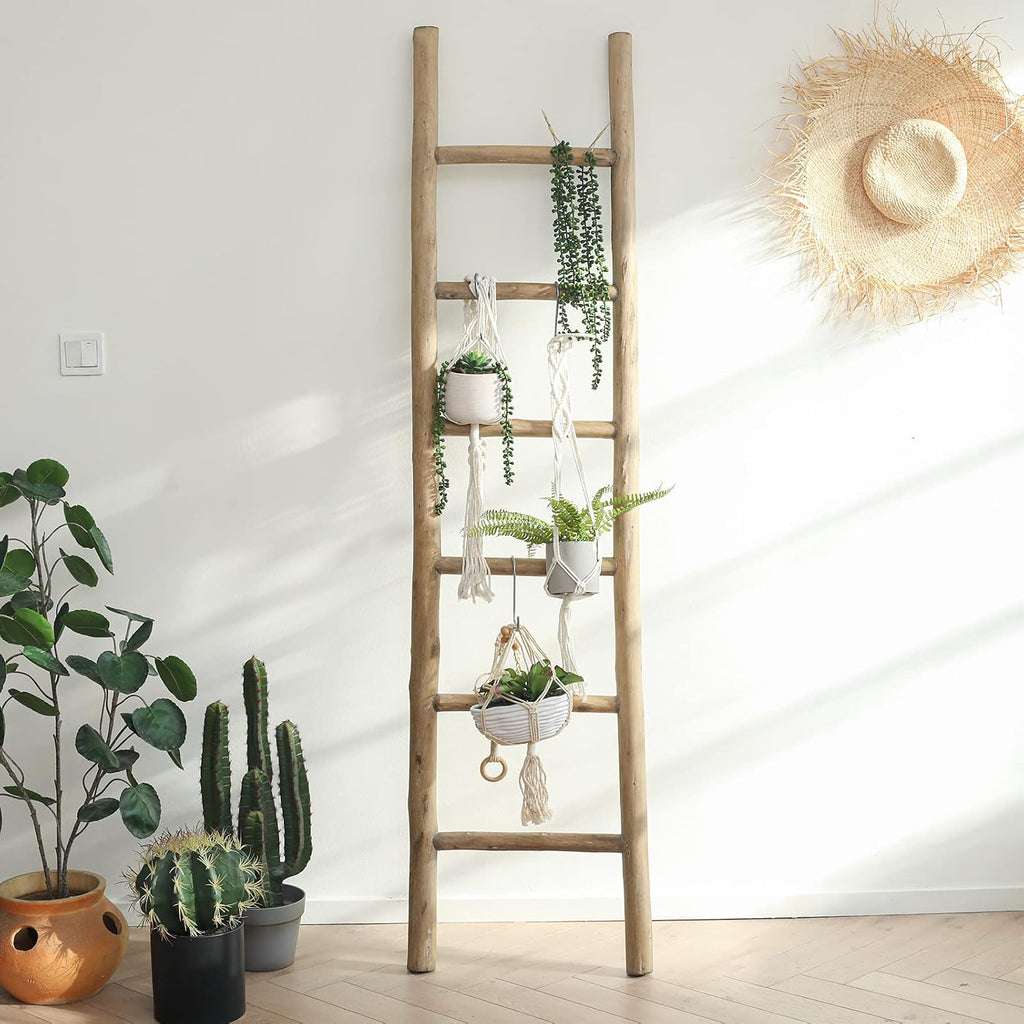 FUIN Fully Assembled 6ft Wood Blanket Ladder Living Room Decorative Wall Leaning Farmhouse Quilt Display Holder Rustic Wooden Towel Rack for Bathroom, Brown