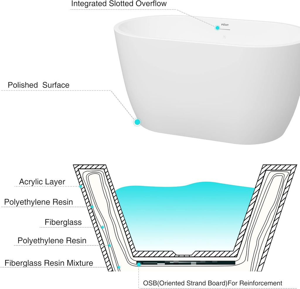 FerdY 47' Bali Acrylic Freestanding Bathtub, Gracefully Shaped Freestanding Soaking Bathtub, cUPC Certified, Toe-Tap Brushed Nickel Drain and Minimalist Linear Design Overflow Included