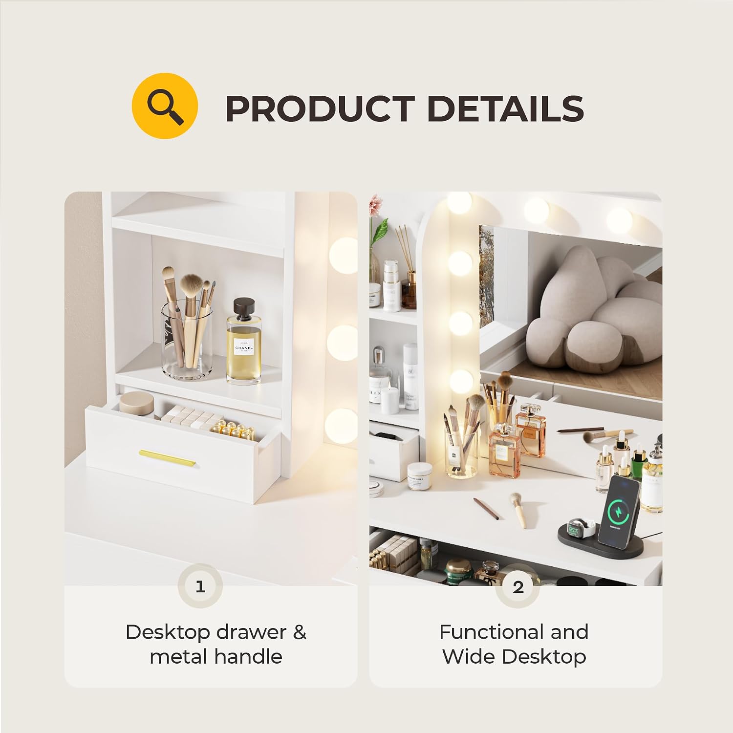Otterease Vanity Desk with LED Lighted Mirror&Power Outlet, 3 Lighting Colors Makeup Vanity with 5 Large Drawers and 3 Storage Shelves, Vanity with Storage Stool for Bedroom, White