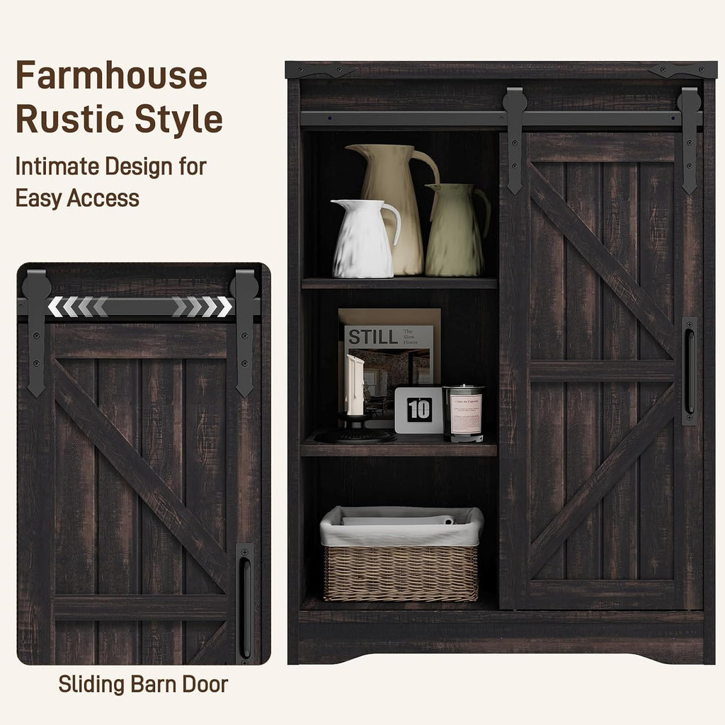 Halitaa Farmhouse Bathroom Floor Storage Cabinet with 4 Drawers, Bathroom Cabinet with Sliding Door, Rustic Storage Organizer for Kitchen, Living Room, Rustic Style, Black Oak