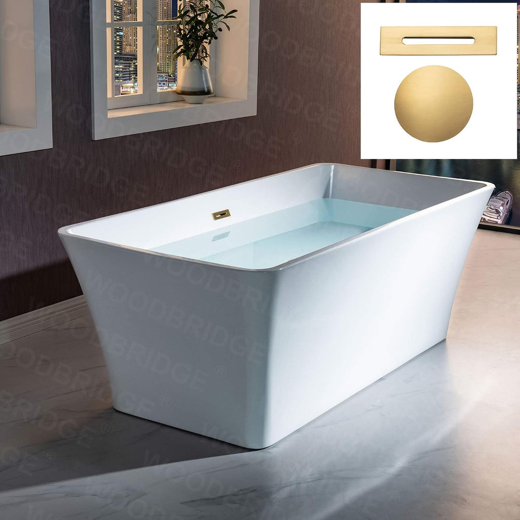 WOODBRIDGE 67' Acrylic Freestanding Bathtub Contemporary Soaking White Tub with Brushed Gold Overflow and Drain，BTS1609 -BG-Drain &O