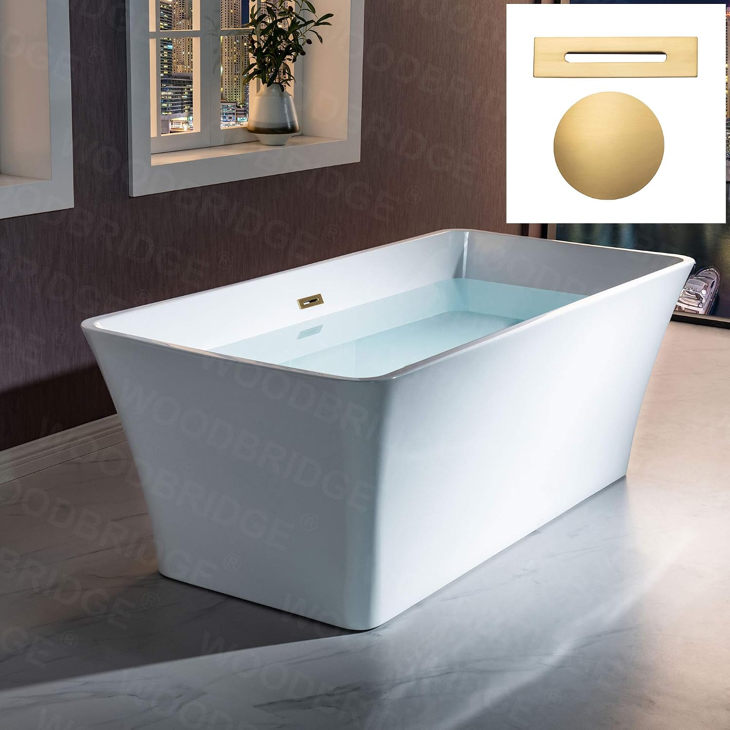 WOODBRIDGE 67' Acrylic Freestanding Bathtub Contemporary Soaking White Tub with Brushed Gold Overflow and Drain，BTS1609 -BG-Drain &O