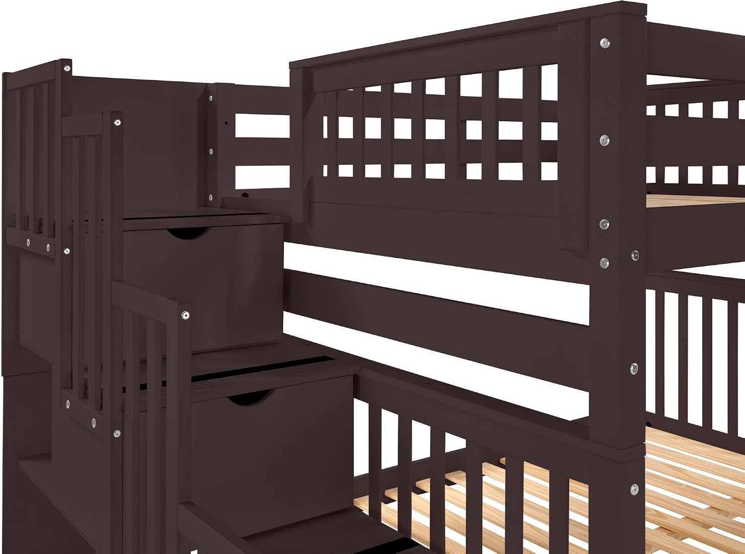 Bedz King Stairway Bunk Beds Full Over Full, 4 Step Drawers, Twin Trundle, Dark Cherry