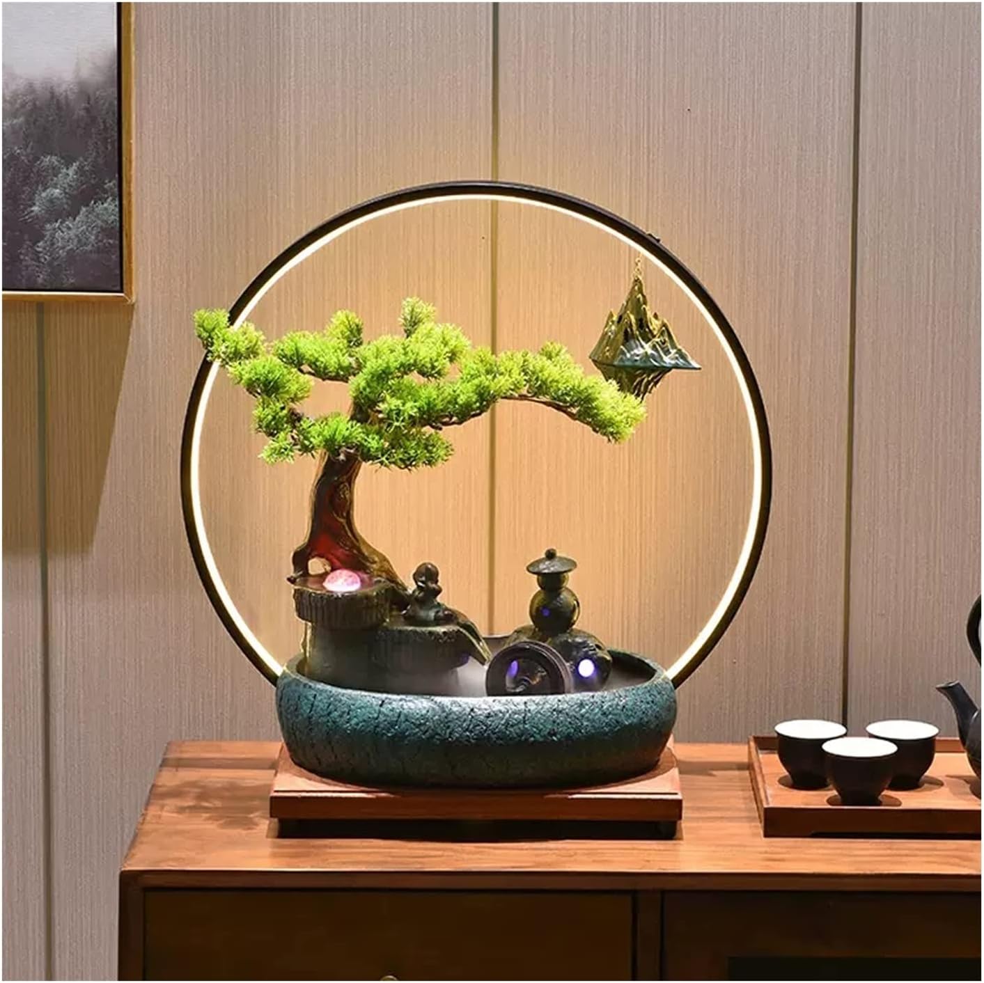 Desktop Fountain Ceramic Tabletop Fountain with LED Lighting Rockery Water Features Zen Cascading Feng Shui Waterfall Table Ornaments for Living Room Office(Green)