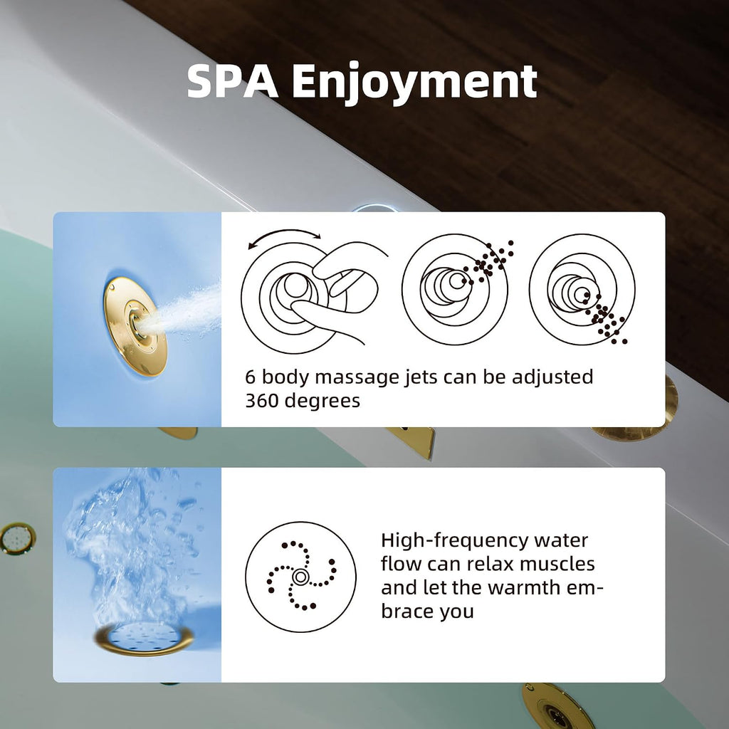 WOODBRIDGE 59' x 31-1/2' Whirlpool and Air Bath Heated Soaking Combination Tub with Adjustable Speed Air Blower and Display Control Panel, Brushed Gold Finish Trim and Drain Kit,BG100