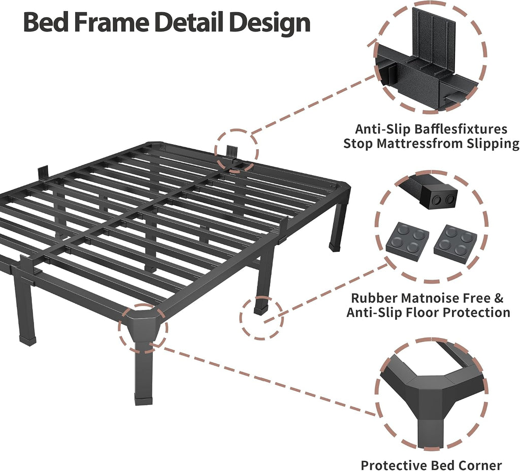 ROIL 14 Inch King Size Bed Frame with Mattress Slide Stopper - Double Black Basic Anti Squeak Steel Slats Metal Platform, Heavy Duty Noise Free Easy Assembly Bedframes, No Box Spring Needed