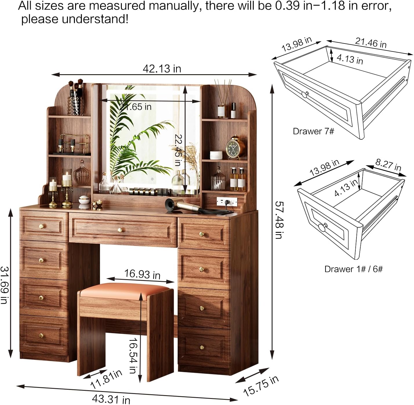 Arulvmrn 43' Makeup Vanity Desk with Mirror and Lights, & Power Outl, Glass Top Big Vanity Table with 9 Drawers& 8 Storage Shelves, Dressing Table Set with Chair for Bedroom, Brown