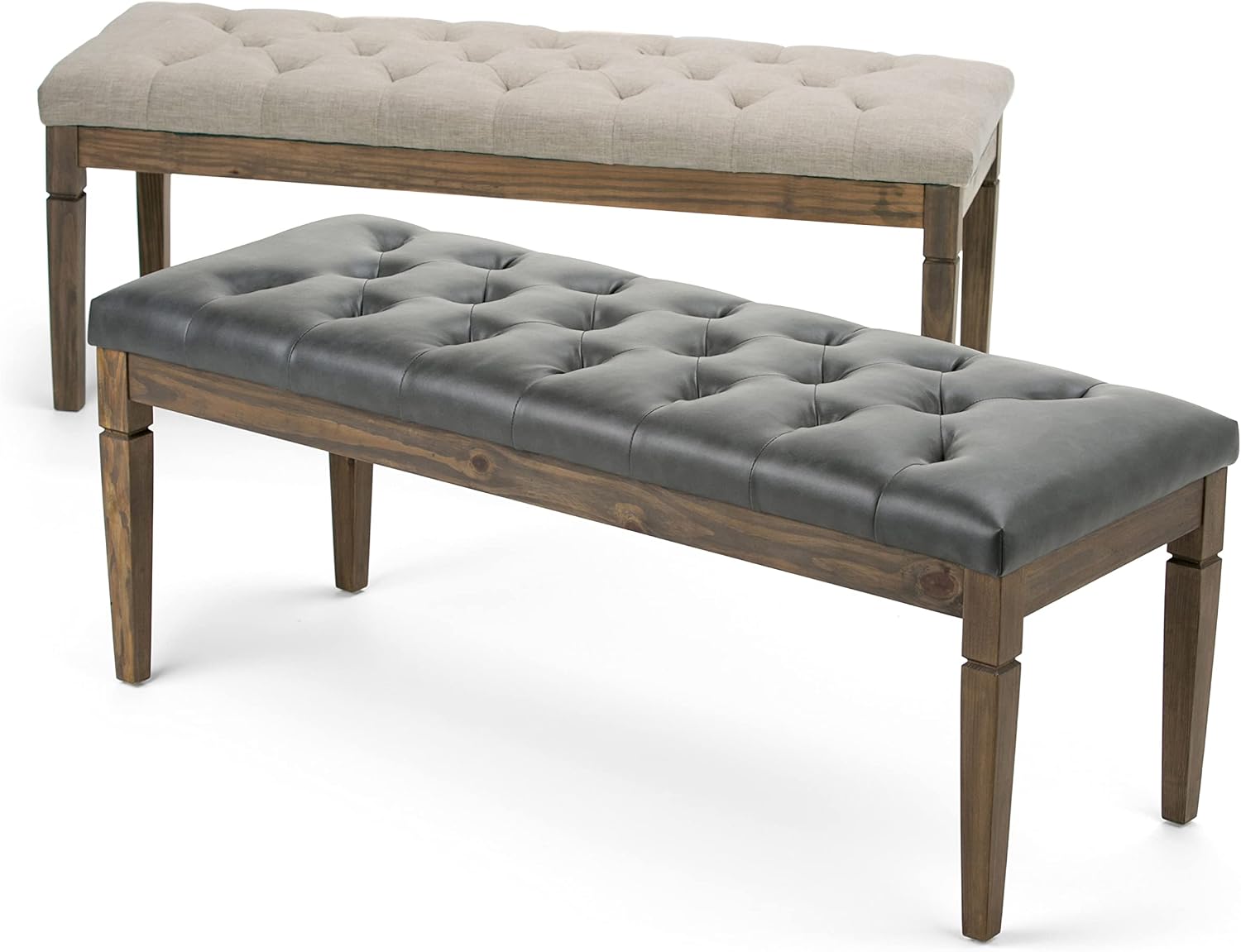 SIMPLIHOME Waverly Tufted Ottoman Bench - 48 inch Wide Upholstered Linen Look Fabric Rectangle Footstool Ottoman in Natural, Traditional Bench for Bedroom, Entryway or Living Room with Carved Legs