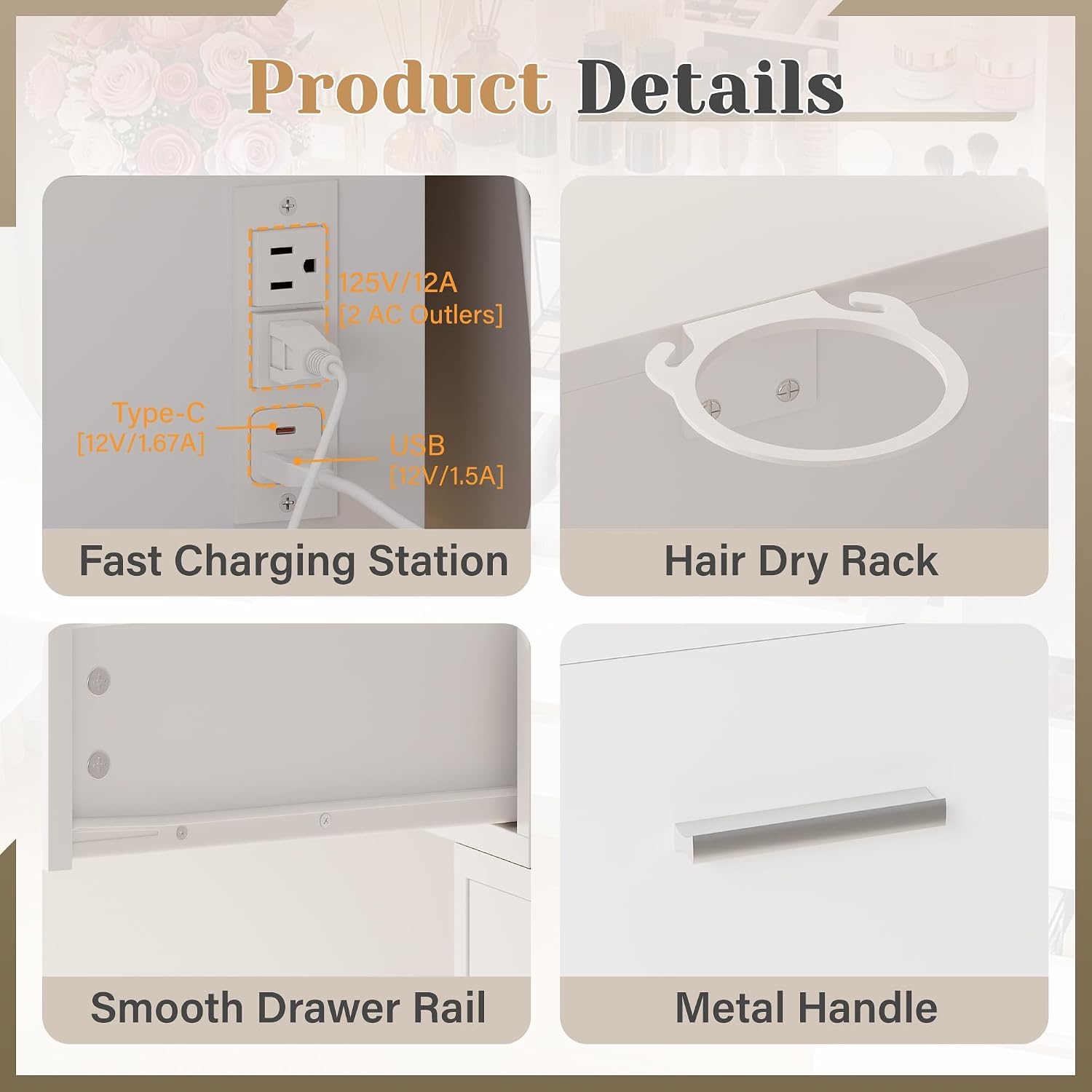 YESHOMY Makeup Vanity Desk with Mirror & Lights, Vanity Table with 5 Drawer, 6 Shelves, Charging Station for Bedroom, Dressing Room, Light White