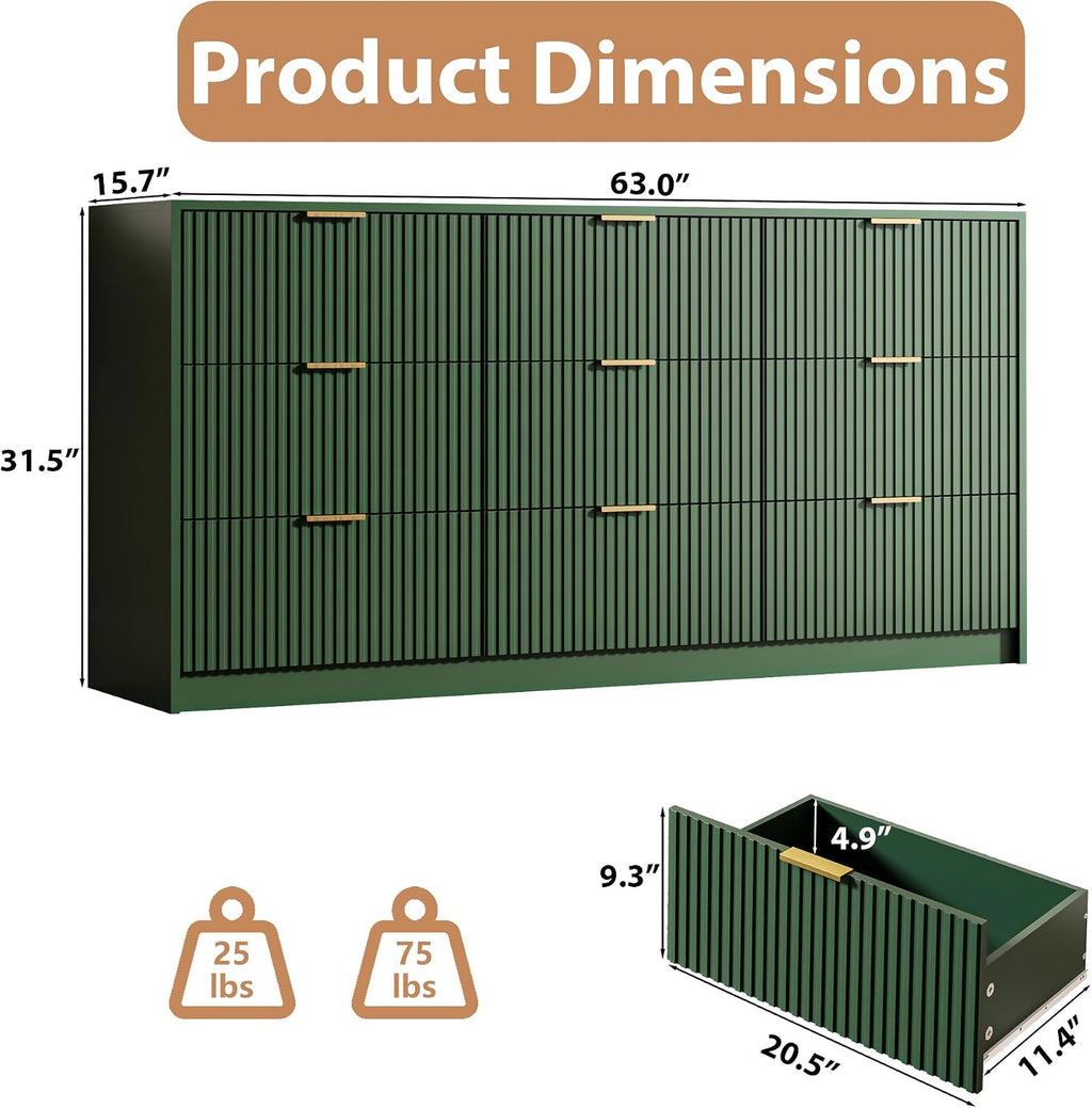 MAISONARIA 3-Piece Dresser Bedroom Set, 9 Drawer Dresser & 3 Drawer Nightstands with Gold Handles, Fluted Wood Chest of Drawers for Bedroom, Living Room, Entryway, Green