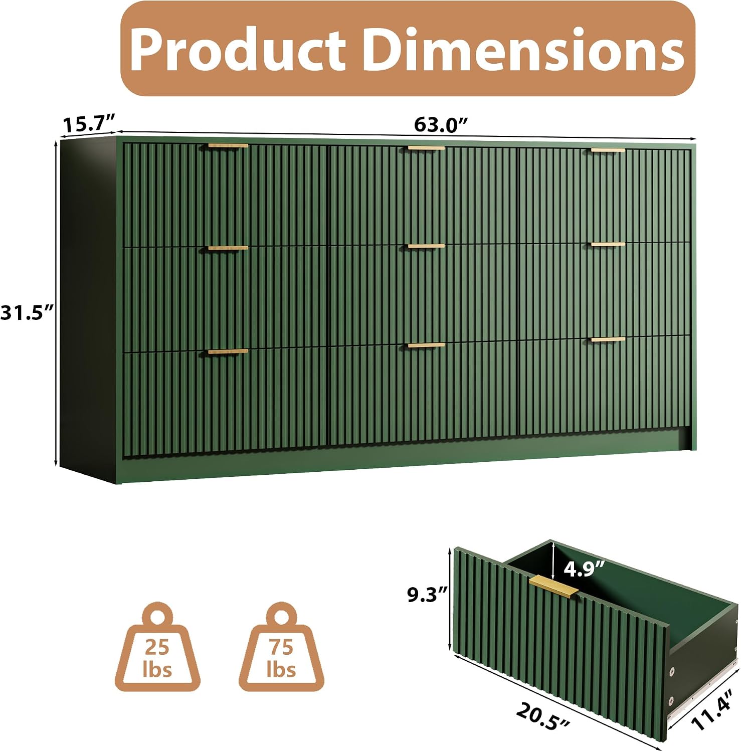 MAISONARIA 3-Piece Dresser Bedroom Set, 9 Drawer Dresser & 3 Drawer Nightstands with Gold Handles, Fluted Wood Chest of Drawers for Bedroom, Living Room, Entryway, Green
