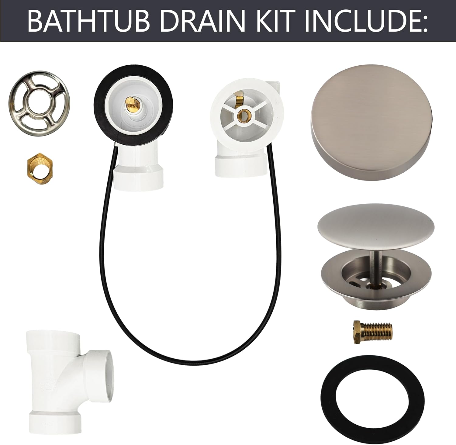 Westbrass D50P27SRE-07 27' Cable Drive Bathtub Drain Trim with Rotary Overflow Cover Knob, Pop-Up Stopper Sch. 40 PVC Fittings, Satin Nickel