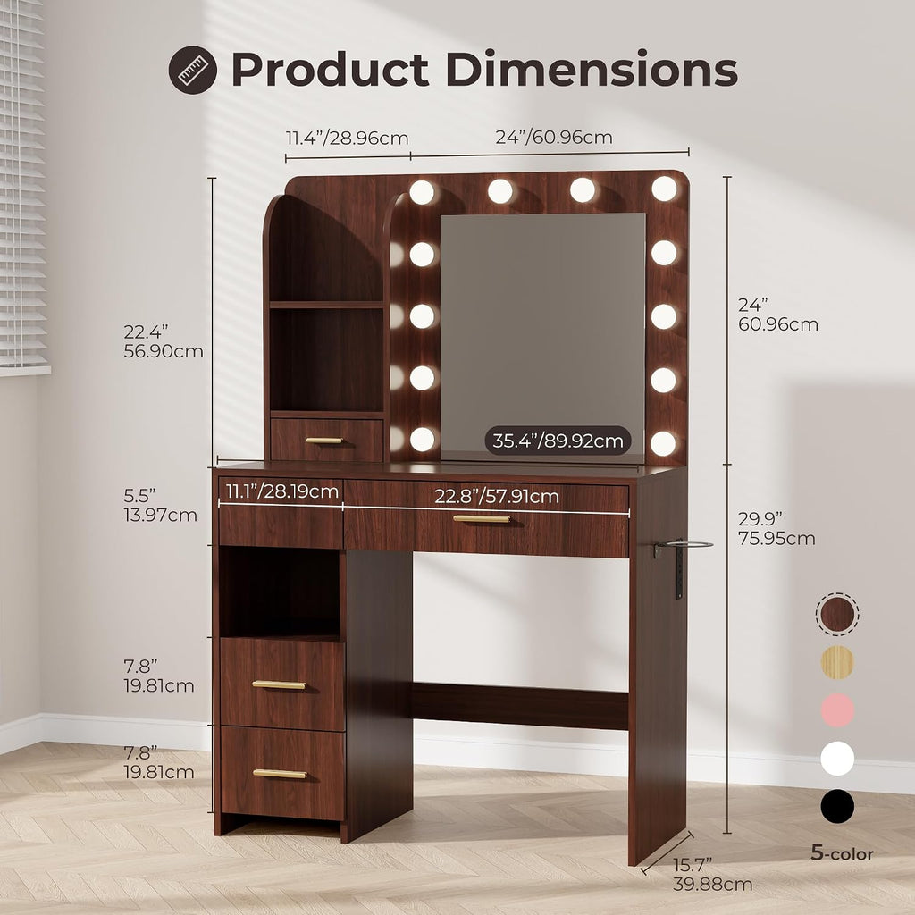Otterease Vanity Desk with LED Lighted Mirror&Power Outlet, 3 Lighting Colors Makeup Vanity with 5 Large Drawers and 3 Storage Shelves, White Vanity with Storage Stool for Bedroom (Walnut(no Stool))