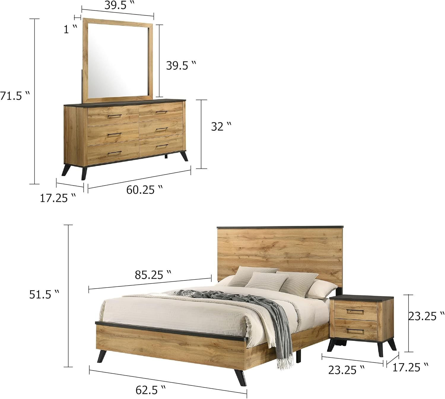 Benzara Wemy 4 Piece Queen Size Bed Set, Rustic Brown Pine Wood, Tapered Legs