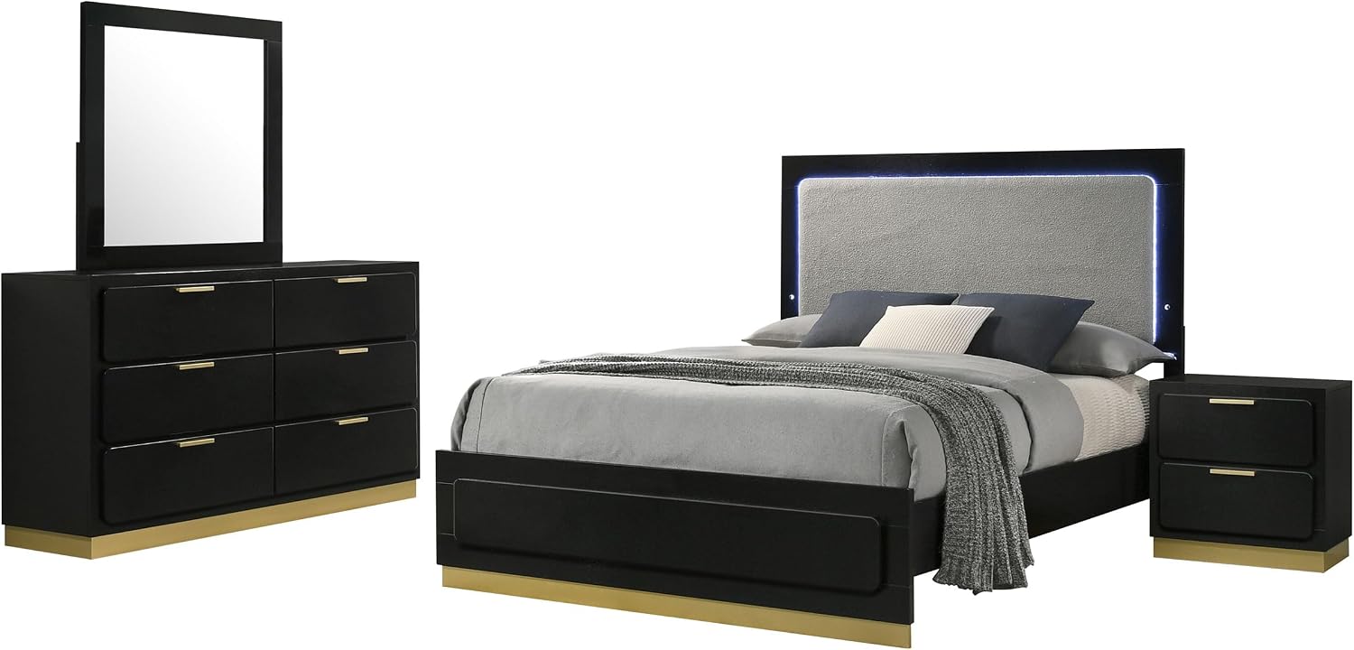Coaster Home Furnishings Caraway Contemporary 4-Piece Bedroom Set Upholstered Eastern King Size LED Panel Bed Frame 55-inch Headboard Black 224781KE-S4