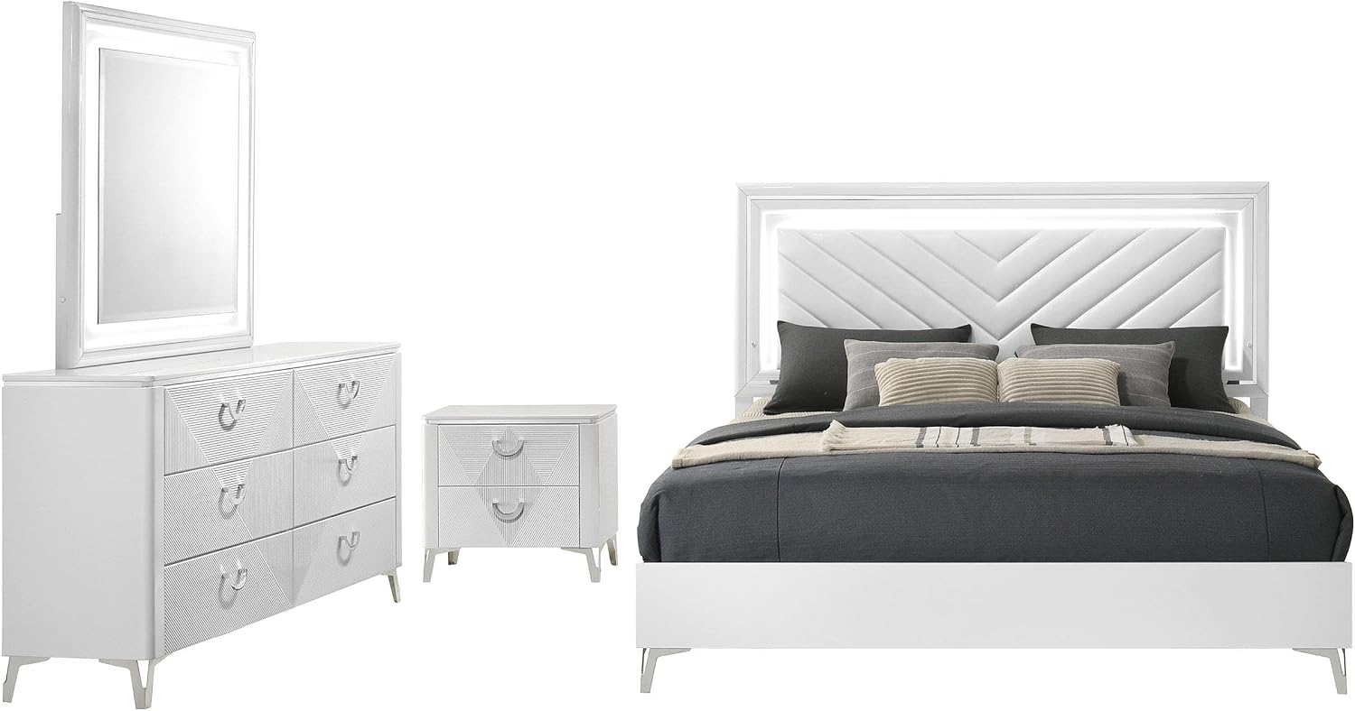 Coaster Home Furnishings - Cassia - Wood - 4-Piece Bedroom Set with Chevron-Tufted Headboard, LED Trim and Contemporary Design - Bedroom - Eastern King Size - White High Gloss - 215791KE-S4