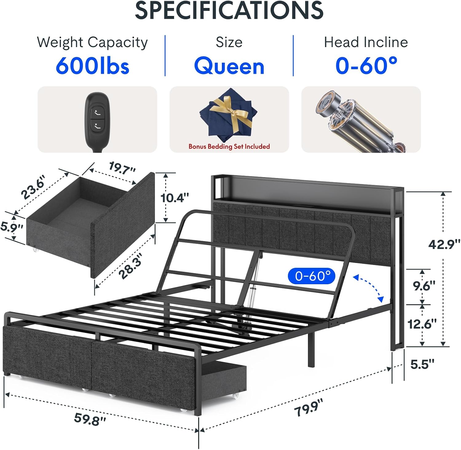 FLEXISPOT BF21Q Adjustable Bed Frame with 10 Inch Queen Size Gel Memory Foam Mattress, Viscose from Bamboo, Medium Firm, Certi-PUR & Oeko-TEX Certified, Bonus 4-Piece Queen Sheet Set Included.