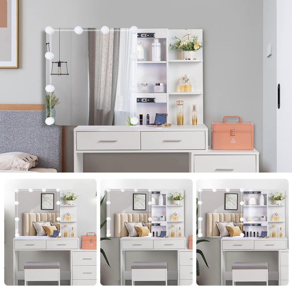 VINGLI Vanity Desk with Mirror, 10 Lights and Stool, Makeup Table with 5 Drawer and 4 Storage Shelves, Dressing Table for Bedroom Dressing Room, White