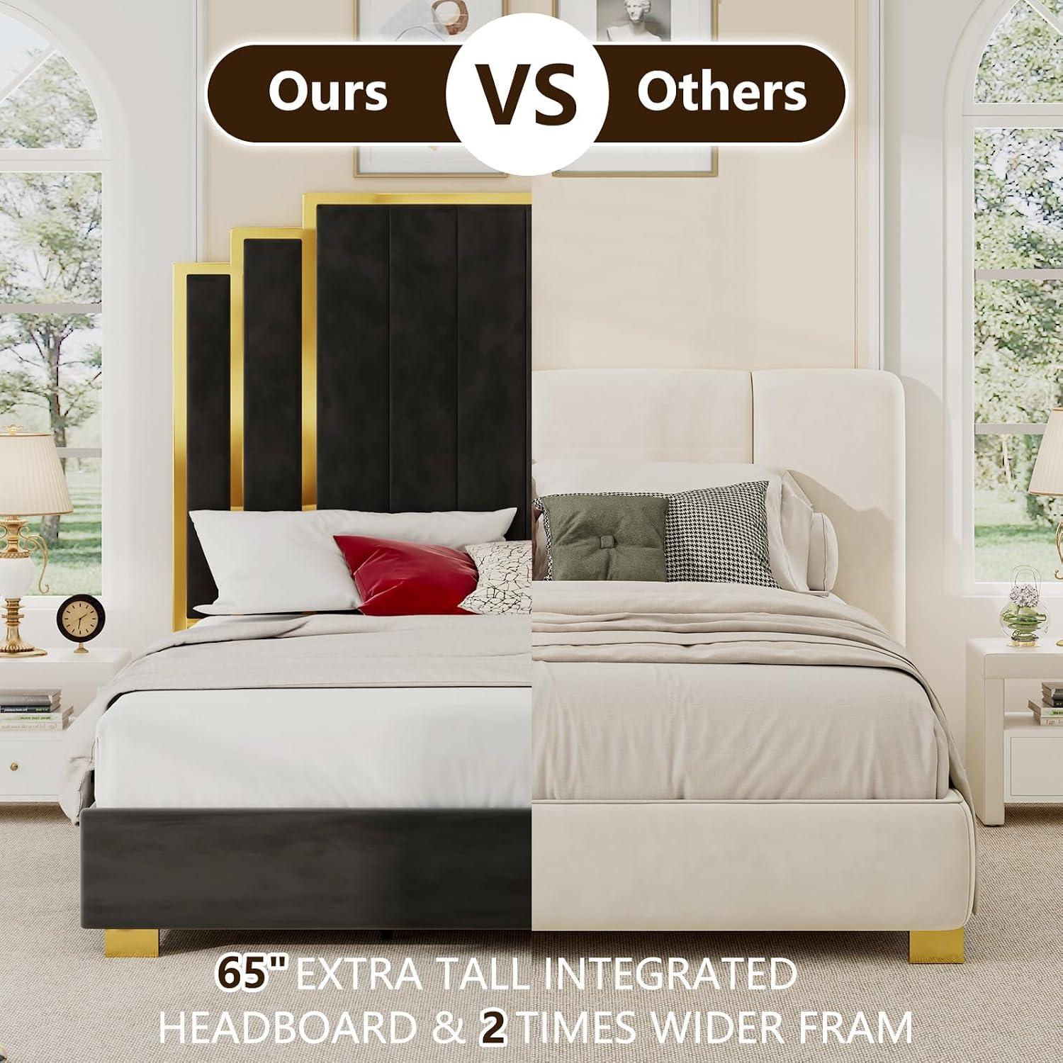 YUMPIE California King Size Platform Bed Frame with 65' Extra Tall Headboard, Velvet Upholstered Bed with Golden Plating Trim, Wooden Slats/No Box Spring Needed/Noisy Free/Black
