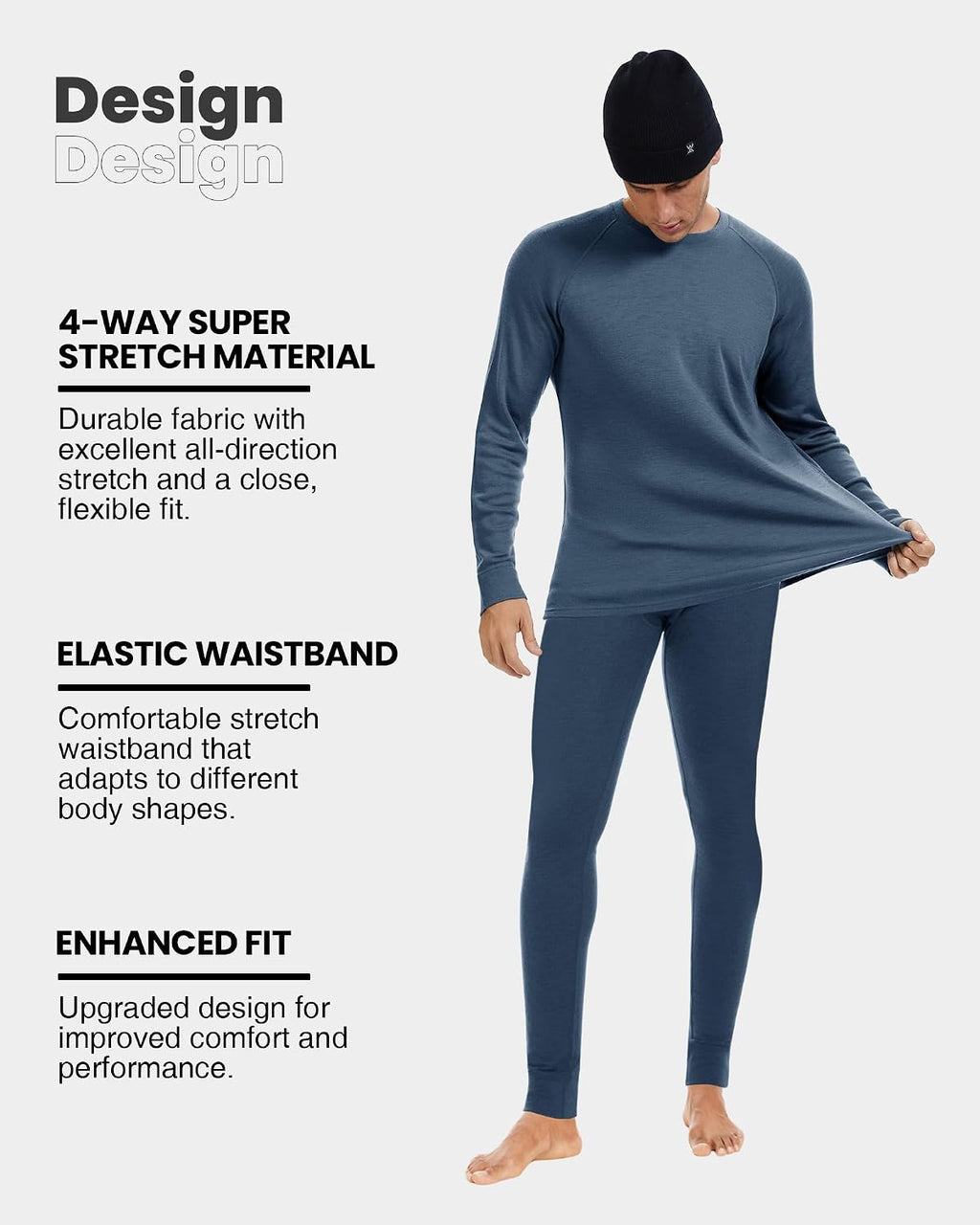 Men's 100% Merino Wool Base Layer Sets - Lightweight Thermal Underwear Gifts Pack with Wool Beanie