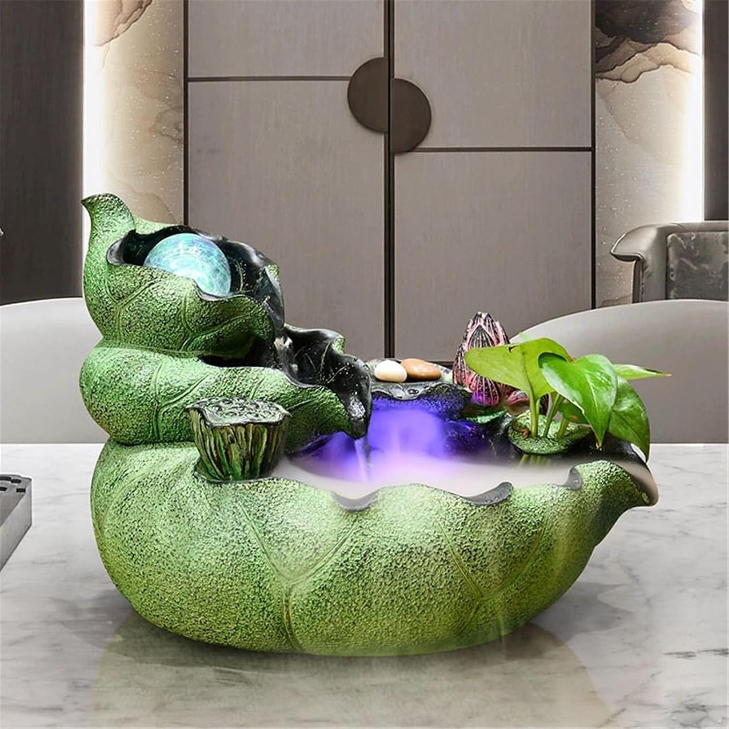 Tabletop Fountain Indoor Fountain Chinese Style Lotus Leaf and Flowing Water Ornaments Circulating Water Fountain(Small)