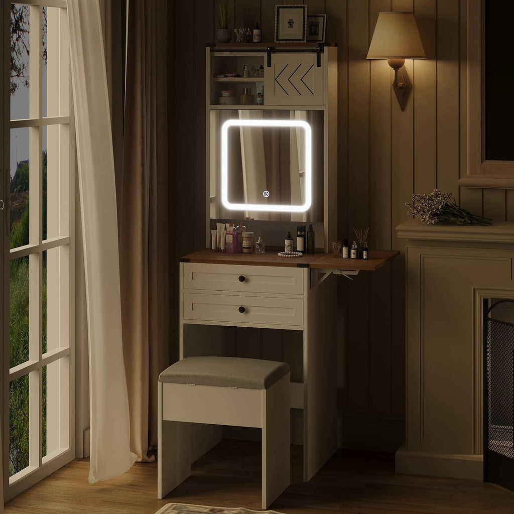 ARTETHYS Farmhouse Small Vanity Desk Set with Mirror Cabinet Mini Makeup Vanities Set with 3 Adjustable Lights and Storage Chair for Compact Space, White Dressing Table with Fold-up Panel