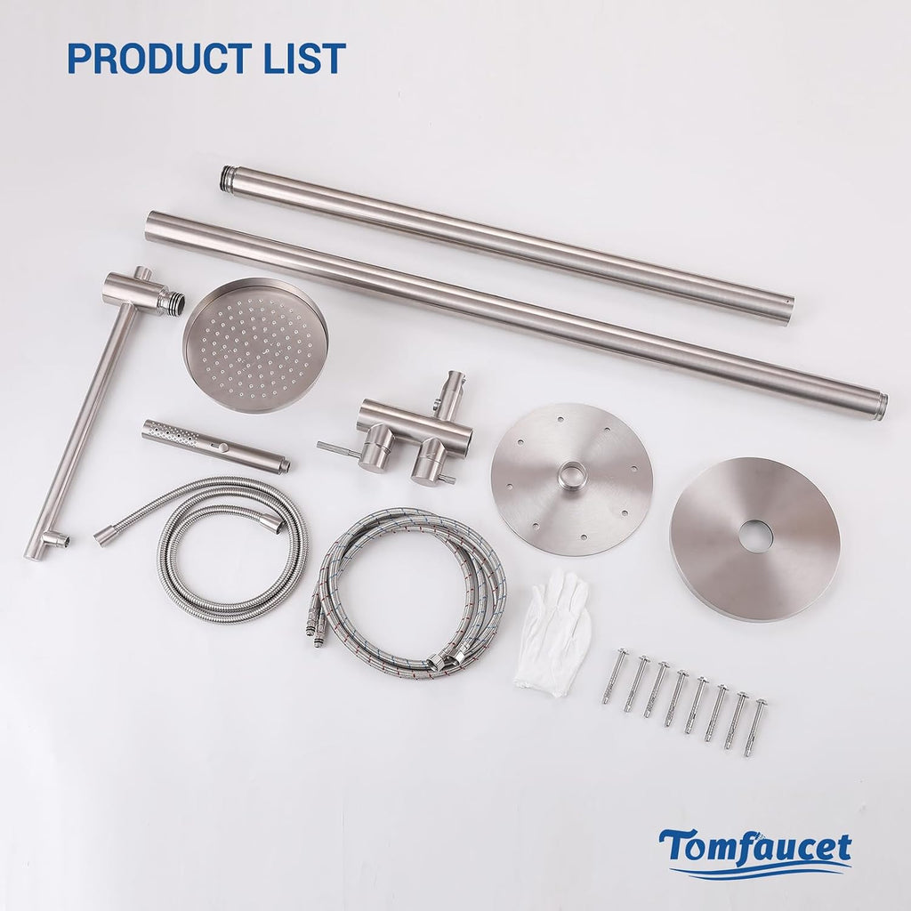 Freestanding Outdoor Shower Faucet Set, Outdoor Shower Kit with 3-Function Handheld Shower and Rain Shower, Stainless-Steel Outdoor Shower System for Patio, Pool, Garden - Brushed Nickel