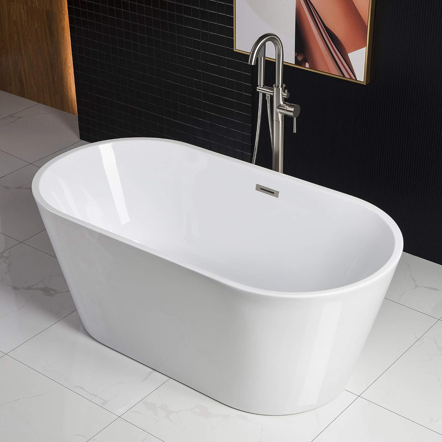 WOODBRIDGE 59' Acrylic Freestanding Bathtub Contemporary Soaking White Tub with Brushed Nickel Overflow and Drain,B0014-BN