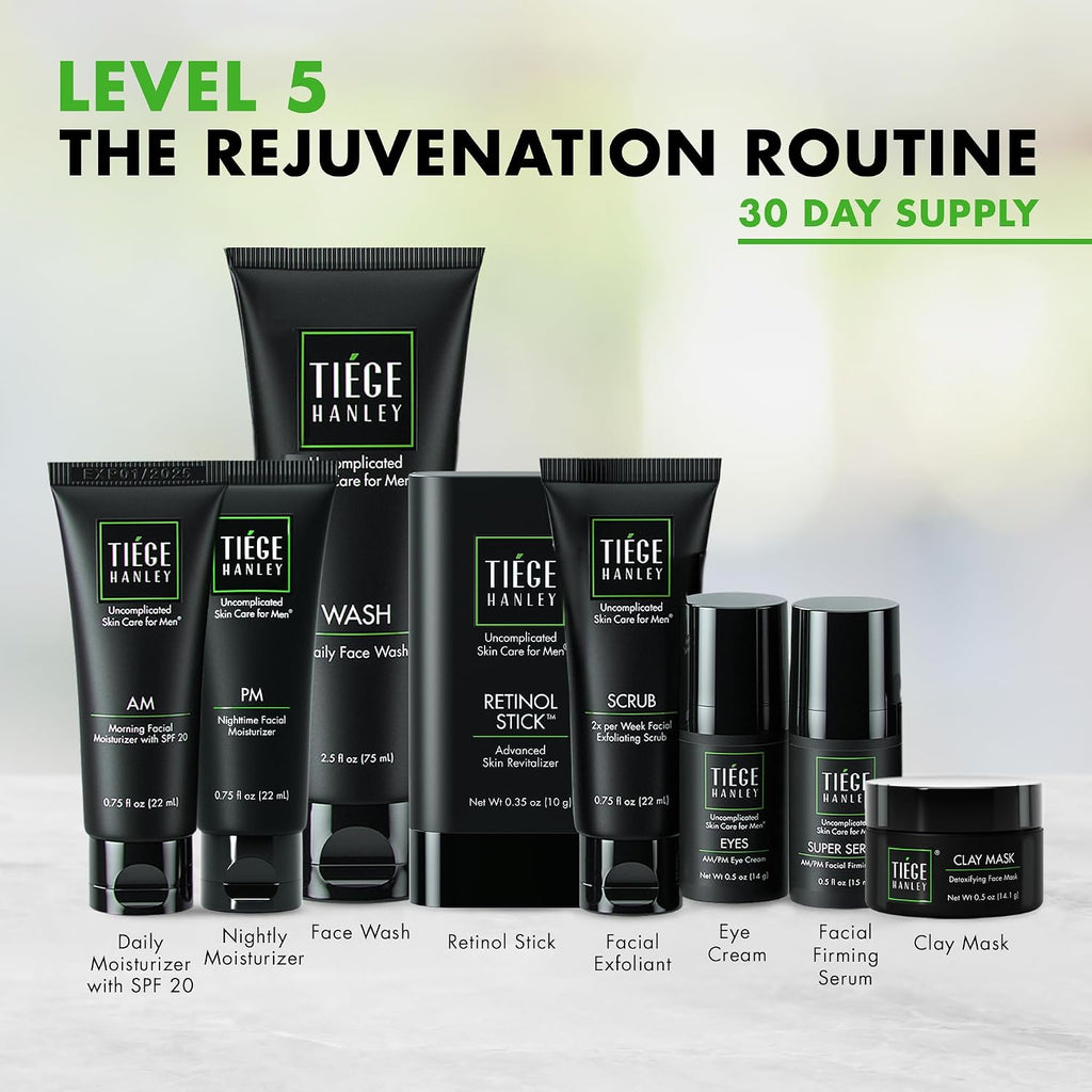 Tiege Hanley Skin Care Set for Men, Rejuvenation Routine, System Level 5, Face Wash, Scrub, Moisturizers, Eye Cream, Serum, Clay Mask, & Retinol Stick for Healthy Skin, Men's Skin Care, 8 Piece Kit