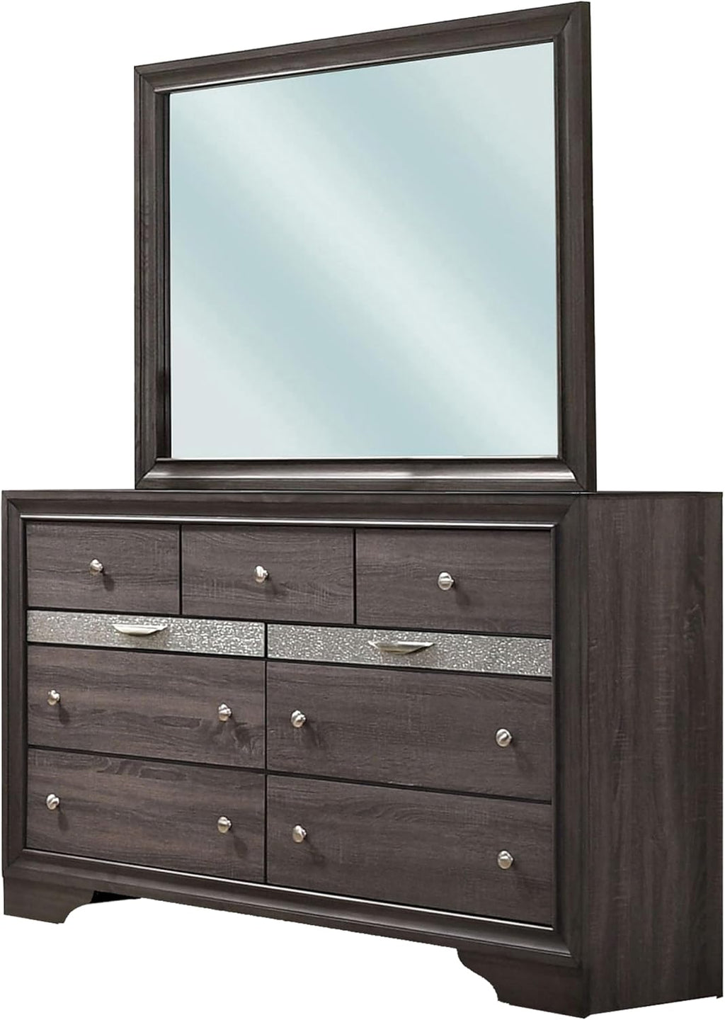 Benjara Po Four PC Queen Size Silver Accented Solid Wood Bedroom Set-Gray-Brown
