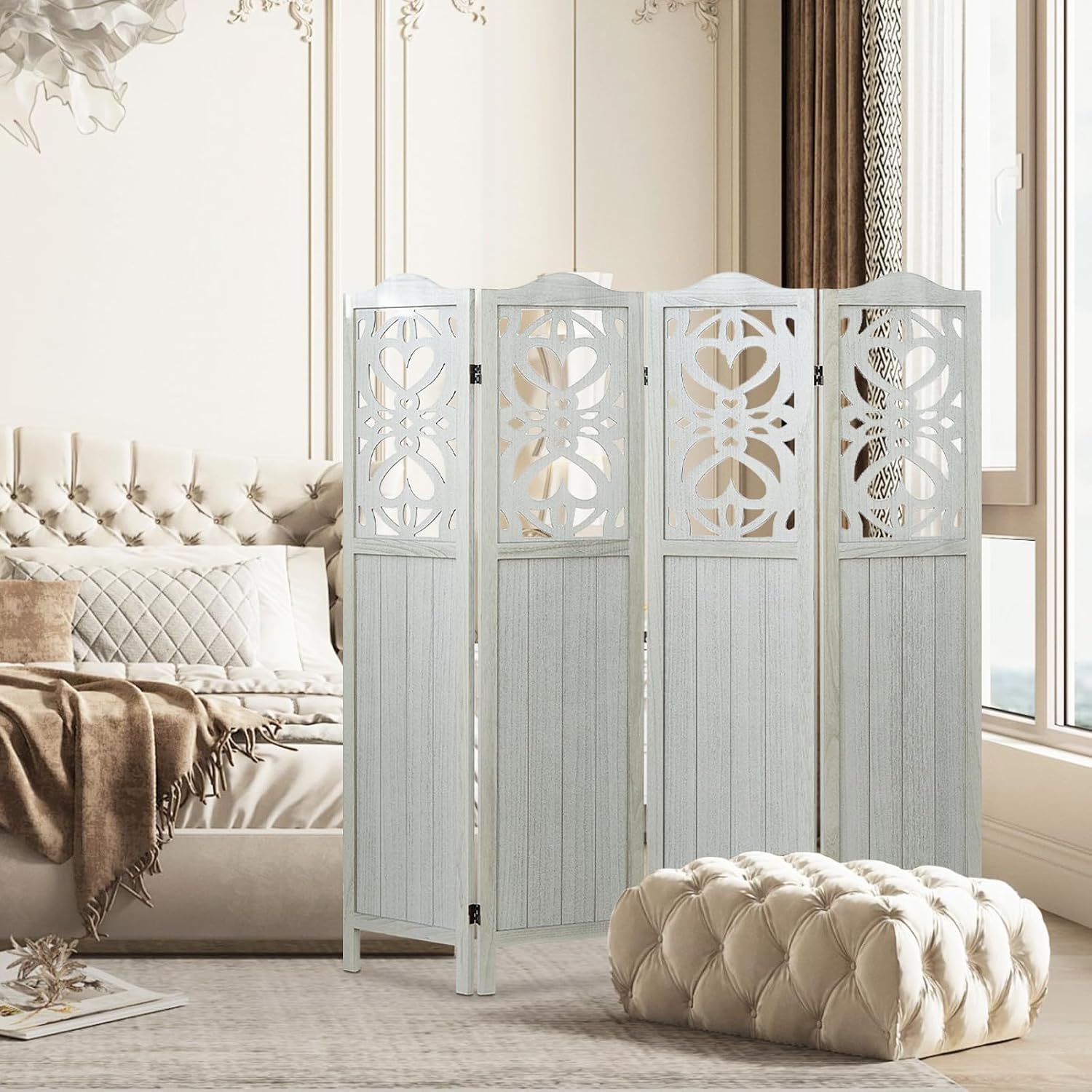 Wood Room Divider 4 Panel 5.6Ft Carved Room Divider and Folding Privacy Screen, Minimalism Portable Partition Screen Divider for Room Separation, Room Decoration for Home Office - White