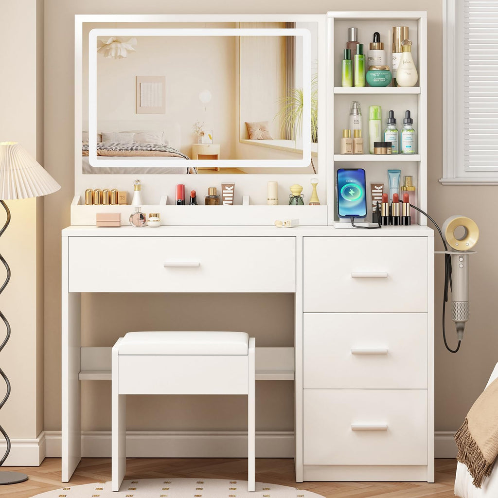 OTOQS Vanity Desk with Mirror and Lights, 4 Drawers & Benches Vanity Desk Set, 3 Color Lighting Modes Adjustable Brightness Vanity for Bedroom Makeup Table