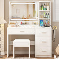 OTOQS Vanity Desk with Mirror and Lights, 4 Drawers & Benches Vanity Desk Set, 3 Color Lighting Modes Adjustable Brightness Vanity for Bedroom Makeup Table