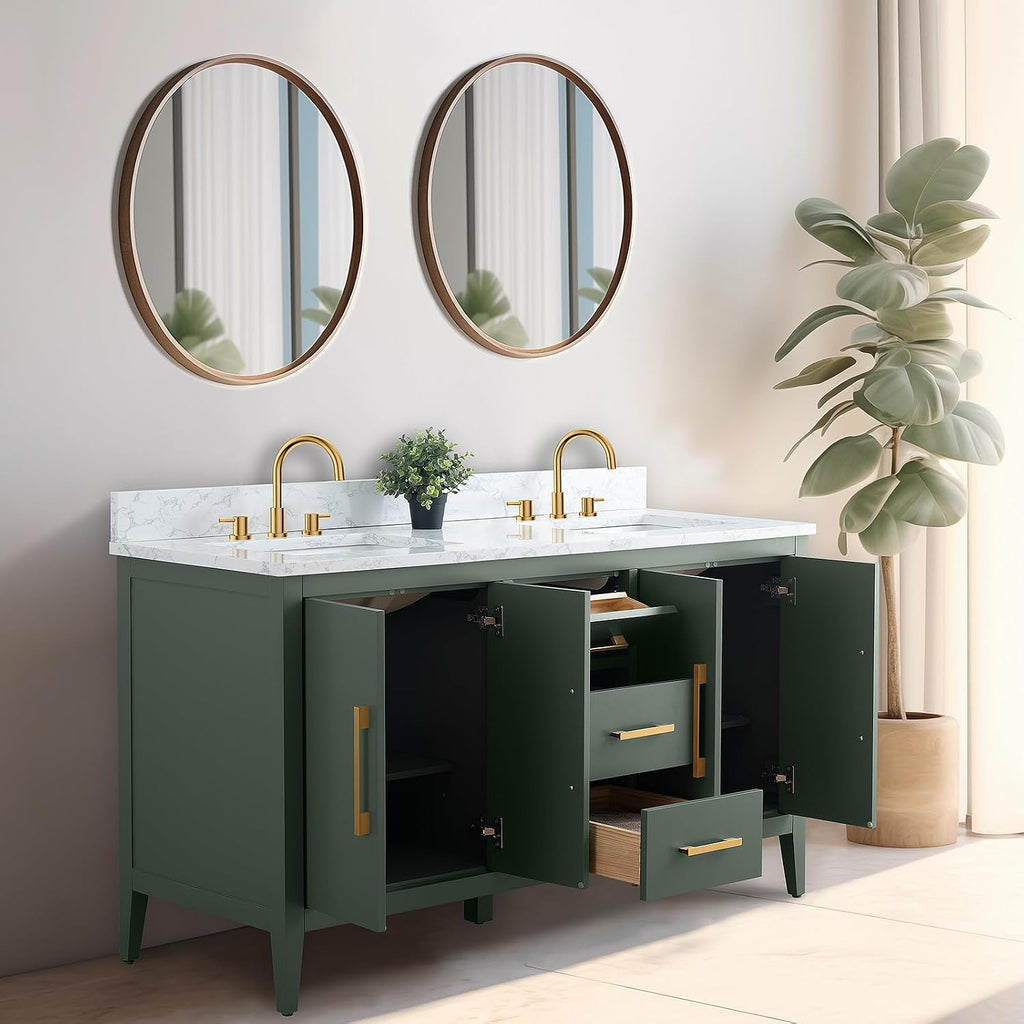 Vanity Art 60 inch Bathroom Vanity with Double Sink & Ceramic Top, Vanity Cabinet with Soft-Closing Doors, Drawers, Solid Wood Frame, Vintage Green, VA9060-DVG-BN1