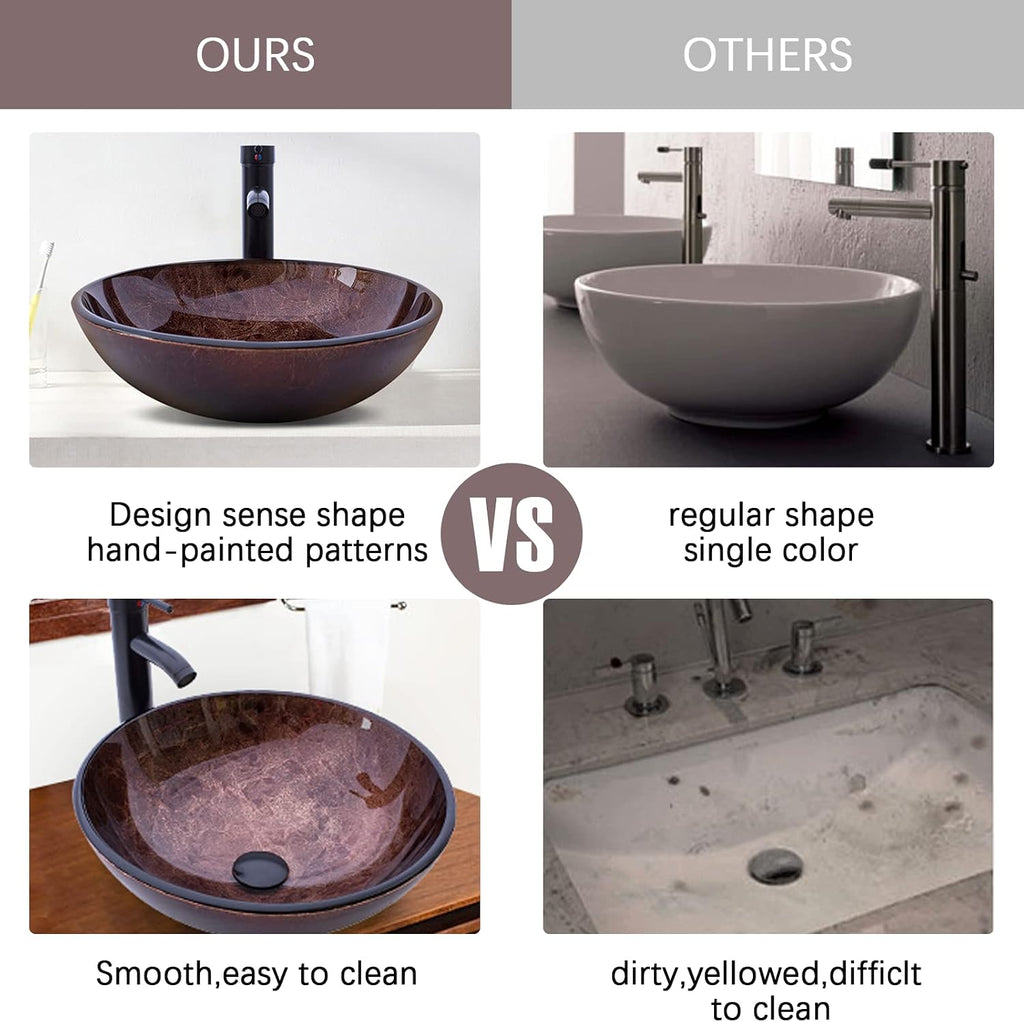 Bathroom Vessel Sink 16.5' Vessel Sinks Tempered Glass Brown Art Basin Round Bowl with Faucet Combo Brown,Countertop Bowl Sink for Lavatory Vanity Cabinet