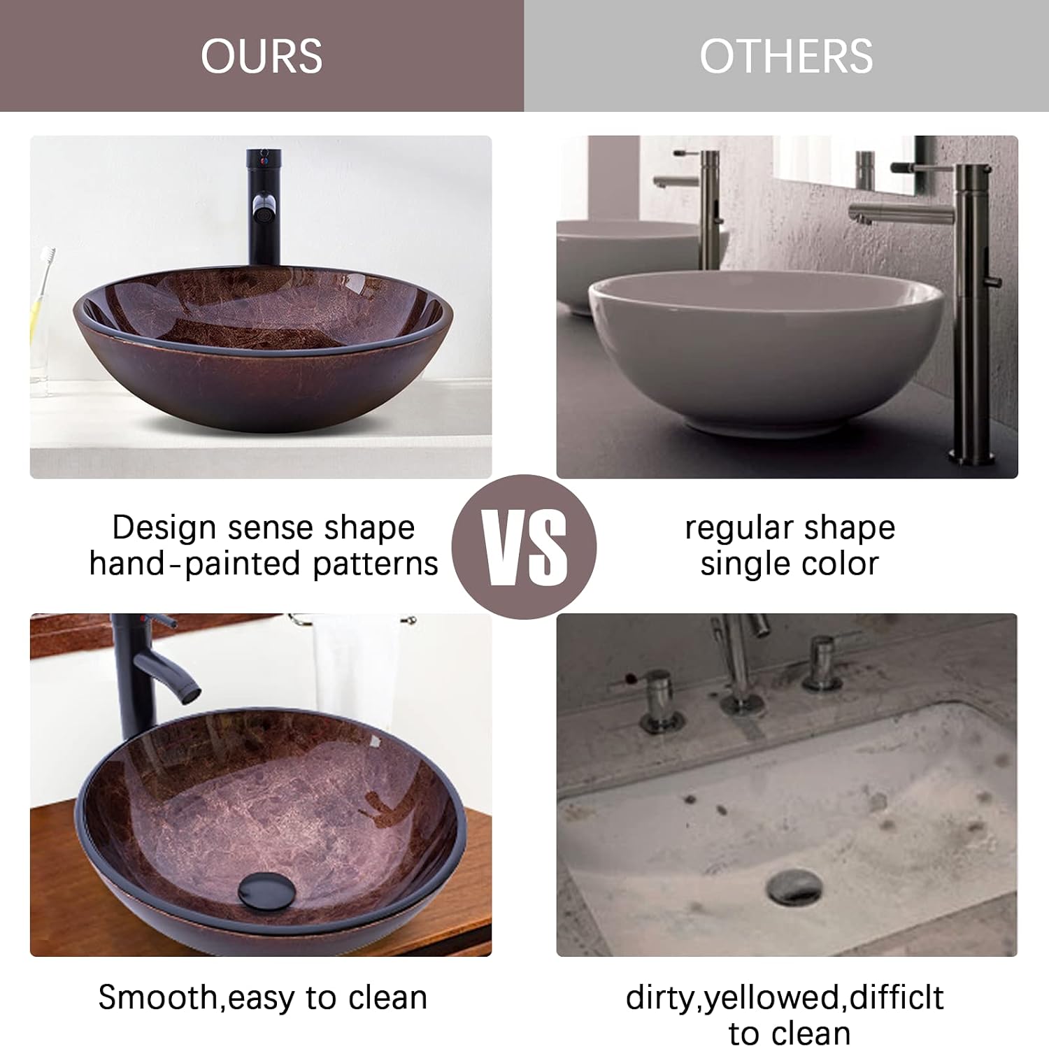 Bathroom Vessel Sink 16.5' Vessel Sinks Tempered Glass Brown Art Basin Round Bowl with Faucet Combo Brown,Countertop Bowl Sink for Lavatory Vanity Cabinet