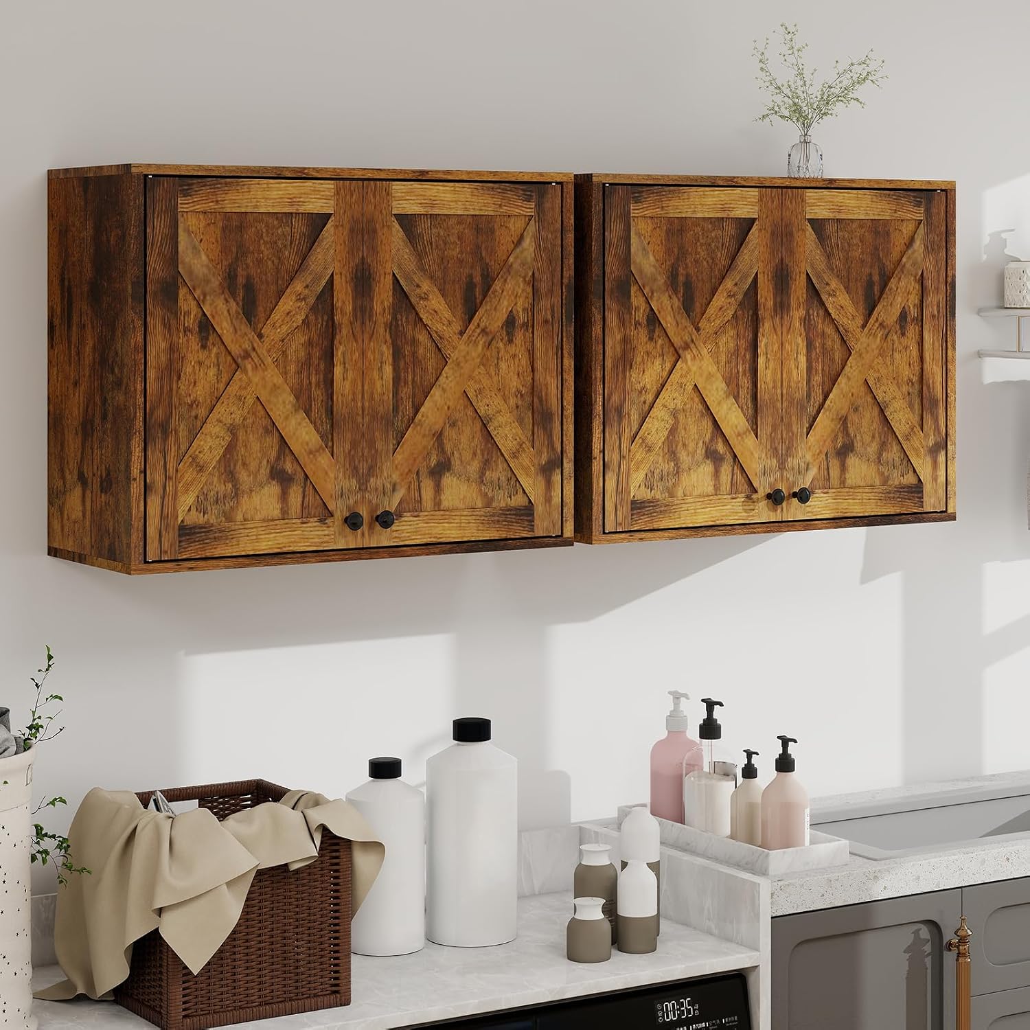 YOURLITE Laundry Cabinet, Medicine Cabinet, Bathroom Kitchen Storage Wall Mounted Farmhouse Organizer with Shelves Over Toilet, One Set of 2 Pieces X 24'