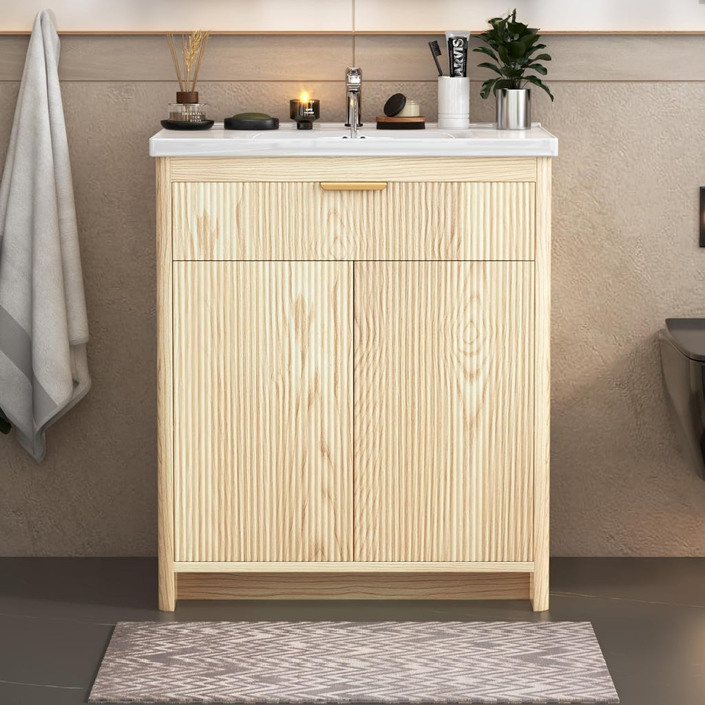 30'' Bathroom Vanity with Ceramic Single Sink Combo, Small Freestanding Bathroom Storage Vanity Cabinet with Drawer & Cabinet, Metal Handle,Natural Oak