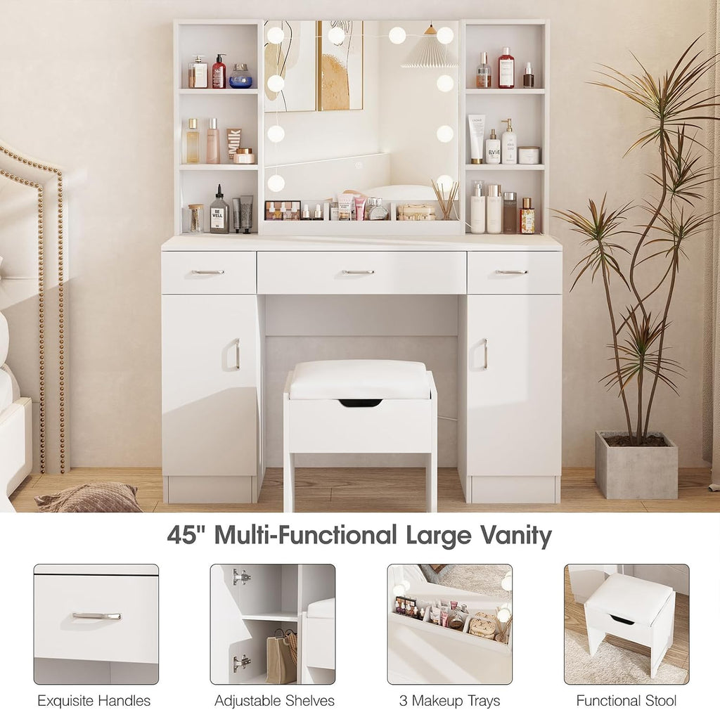 Vabches Vanity Desk with Lighted Mirror, Large Makeup Vanity Table Set with Storage Bench & Cabinets, 3 Brightness Mode, 45.2inch (W), White