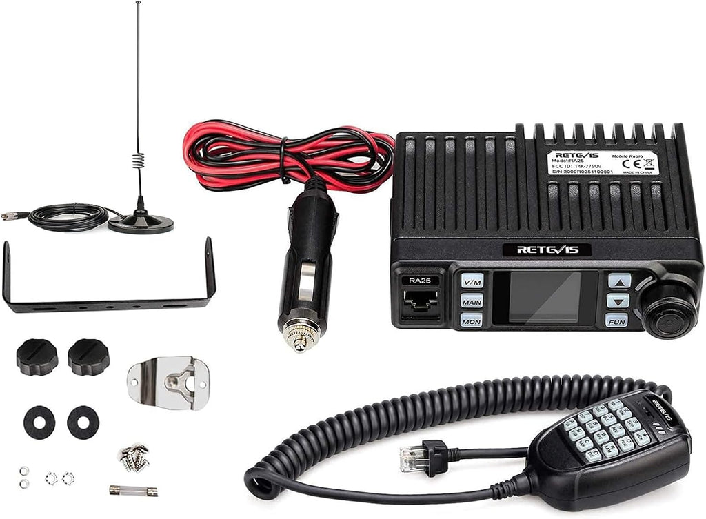 Retevis RA25 Dual Band Mobile Radio, Mini Mobile Transceiver with MR100 High Gain Antenna, 500 Channels, FM Radio, Emergency Alarm, VOX, Long Range Mobile Two Way Radio for Traveling Farm