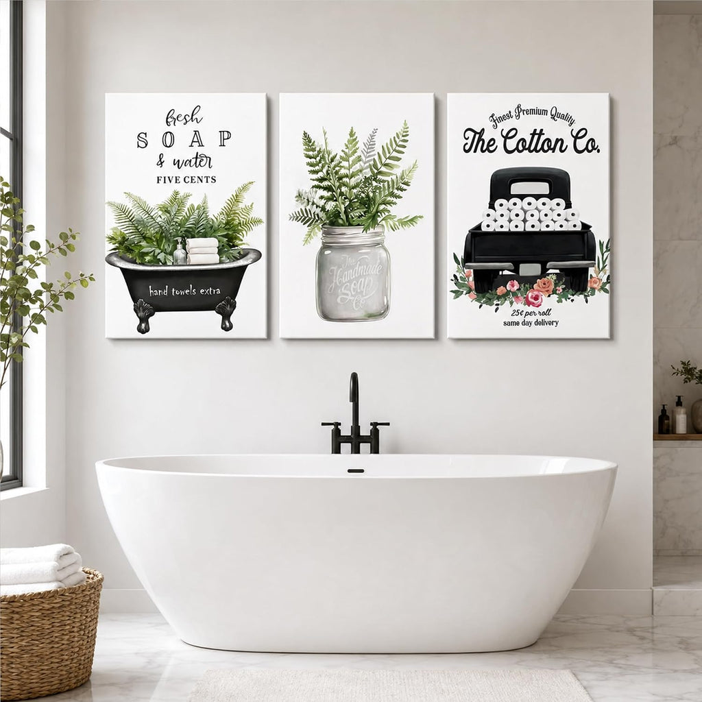 3 Piece Farmhouse Bathroom Decor Wall Art-Rustic Bathroom Canvas Print for Country Room Wall Decor, Rustic Botanical Bathtub Bathroom Decor, Vintage Framed Botanical Artwork for Bathroom 24'x36'x3Pcs