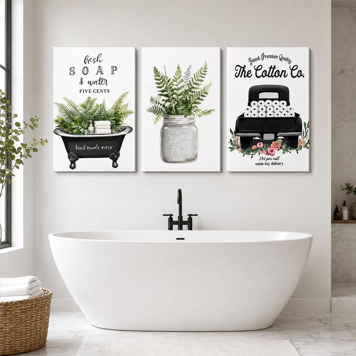 3 Piece Farmhouse Bathroom Decor Wall Art-Rustic Bathroom Canvas Print for Country Room Wall Decor, Rustic Botanical Bathtub Bathroom Decor, Vintage Framed Botanical Artwork for Bathroom 24'x36'x3Pcs