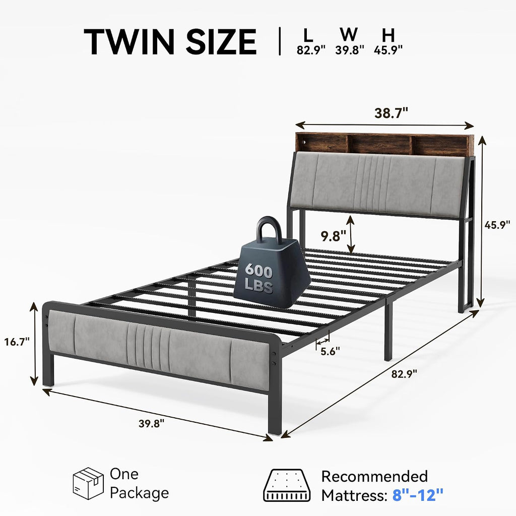 Susalt Twin Size Bed Frame with Storage Headboard and Charging Station, Ergonomic Platform Bed Frame with LED Lights, Strong Metal Slat Support, No Box Spring Needed, Noise Free, Grey