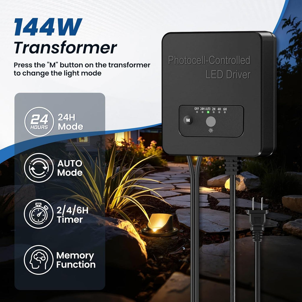 All-in-One Low Voltage Landscape Lighting 12W LED Well Lights IP67 Outdoor In-Ground Lights Waterproof with 144W Transformer, 2700K Warm White Pathway Lighting for Yard Garden, 12 Pack