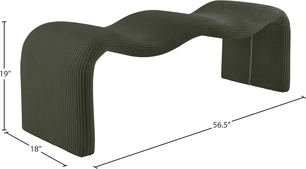 Meridian Furniture 22097Green Willow Collection Modern | Contemporary Bench with Soft Green Microsuede Corduroy Fabric, Iron Metal Inner Frame, 56.5' W x 18' D x 19' H, Green