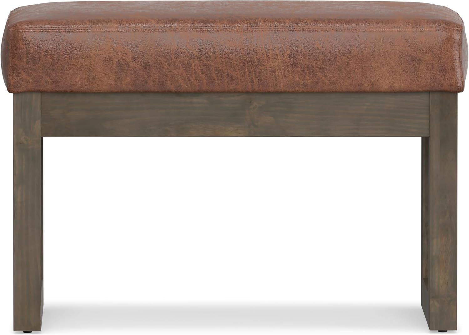SIMPLIHOME Milltown Small Ottoman Bench - 27 inch Wide Upholstered Vegan Leather Rectangle Footstool Ottoman in Distressed Saddle Brown, Contemporary Bench for Bedroom with Cushioned Seat, Assembled
