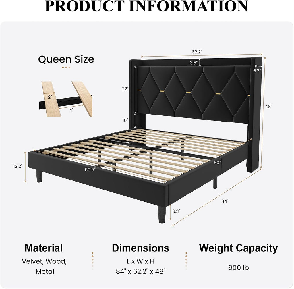 SHA CERLIN Queen Velvet Upholstered Bed Frame with Charging Station, Modern Wingback Storage Headboard, Diamond Stitched & Gold Trim, No Box Spring Needed, Easy Assembly, Black