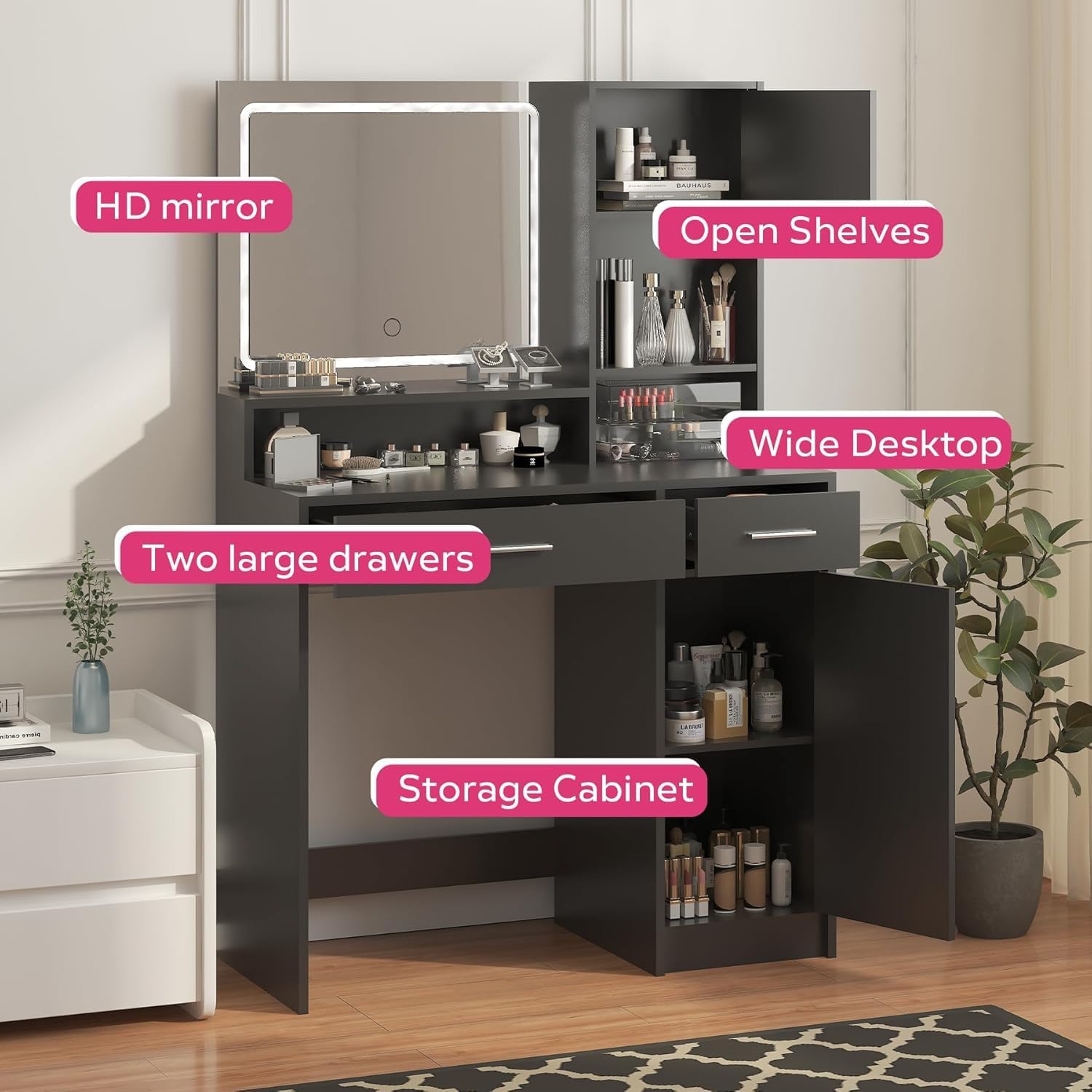 Palimder Vanity Desk with LED Light Mirror, Dressing Table with Large Drawer & 3-Tier Storage, Adjustable Brightness 3 Lighting Modes, Modern Makeup Desk for Bedroom, Bathroom, or Living Room