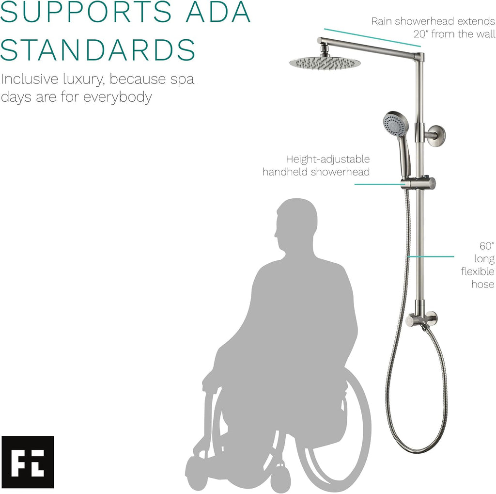 Fennocasa Polaris 3 Rain Shower System, 8' Rainfall Shower Head and Handheld Shower Combo, includes 3-Setting Handheld Spray, Height Adjustable Shower Wand Holder, 60' Hose (1.8 GPM Brushed Nickel)